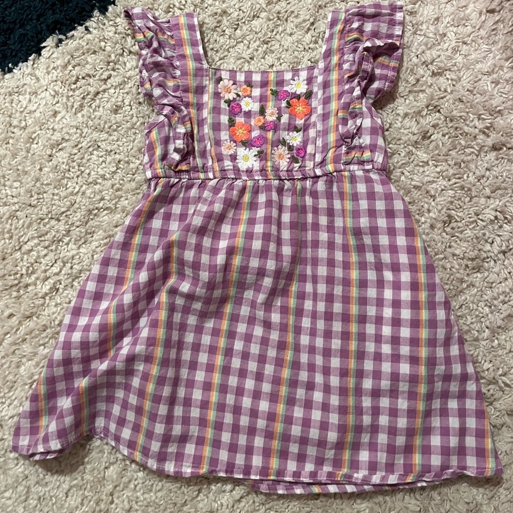 Purple Checkered Dress with Floral Embroidery 2T